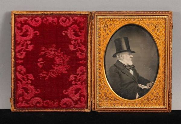 Antique Half-Plate Daguerreotype, Crisp Portrait Profile Stovetop Hat Newspaper