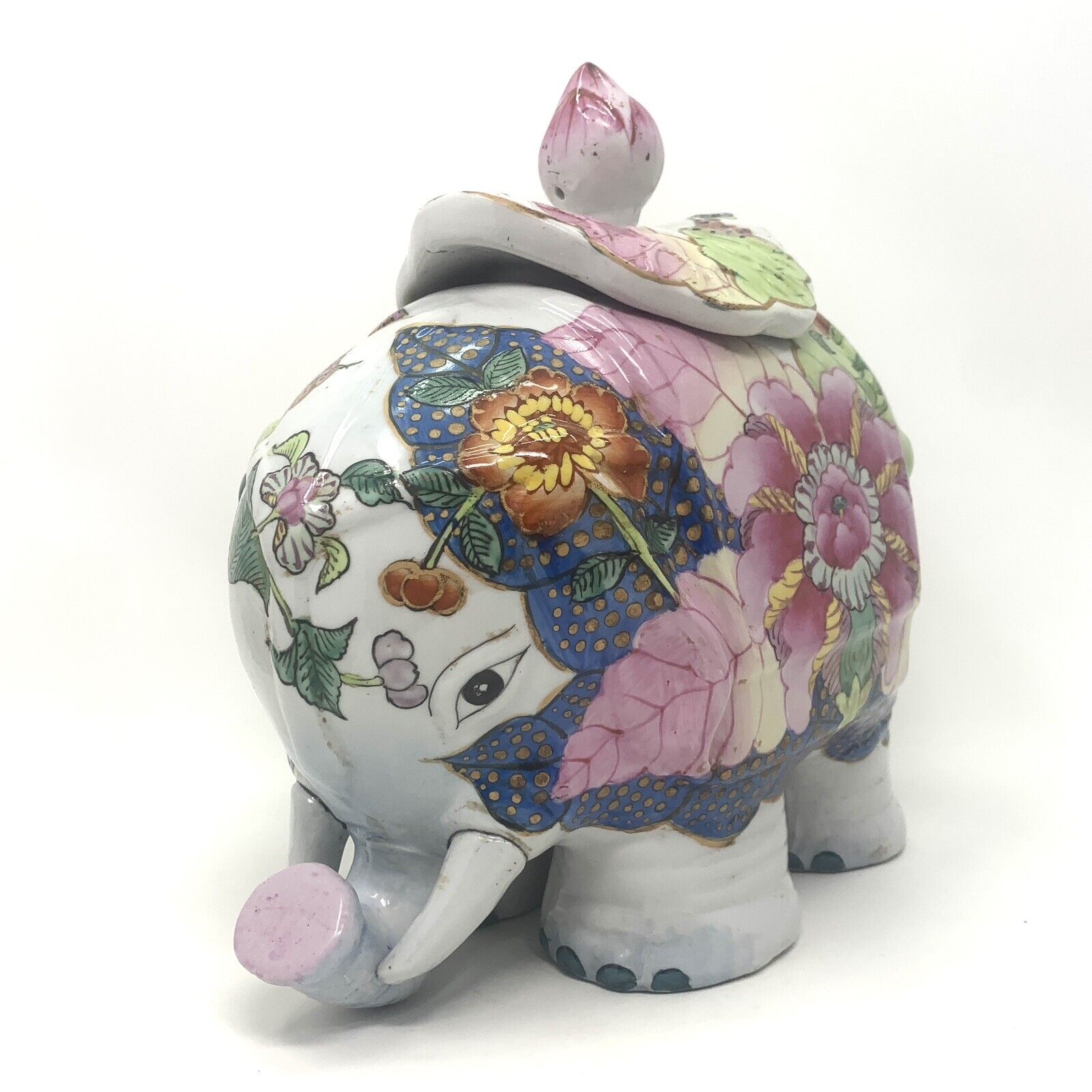 Vintage Tobacco Leaf Ceramic Elephant With Lotus Lid, Mottahedeh Style Porcelain
