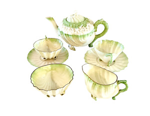 Antique 8 Piece Belleek Porcelain 2nd Black Mk Green Neptune Tea Set Teapot Etc