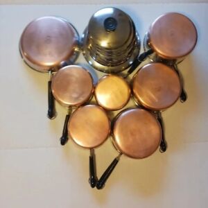 Vintage 1801 Revere Ware 14 Piece Set Copper Bottom Pots Pan Skillet Lids