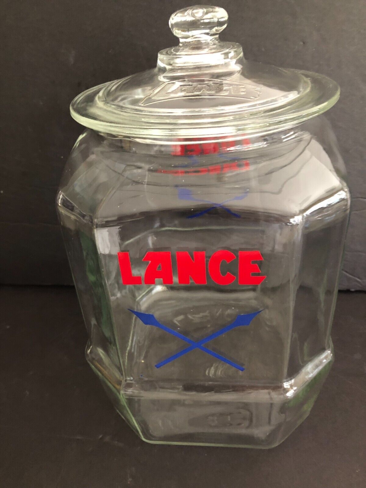 Vintage 1940's LANCE Candy Cracker Cookie Jar 8-Sided 12" Tall w/Orig.Glass Lid