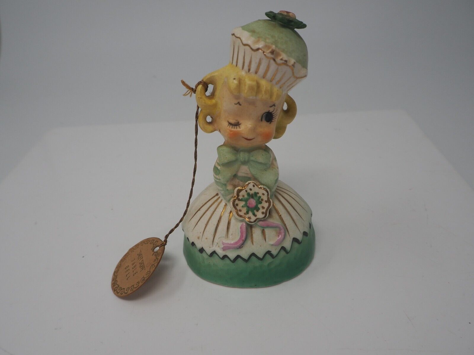 Vtg Enesco Winking SWEET SHOPPE Cupcake Candy Girl Bell w/ Cupcake Hat Hang Tag