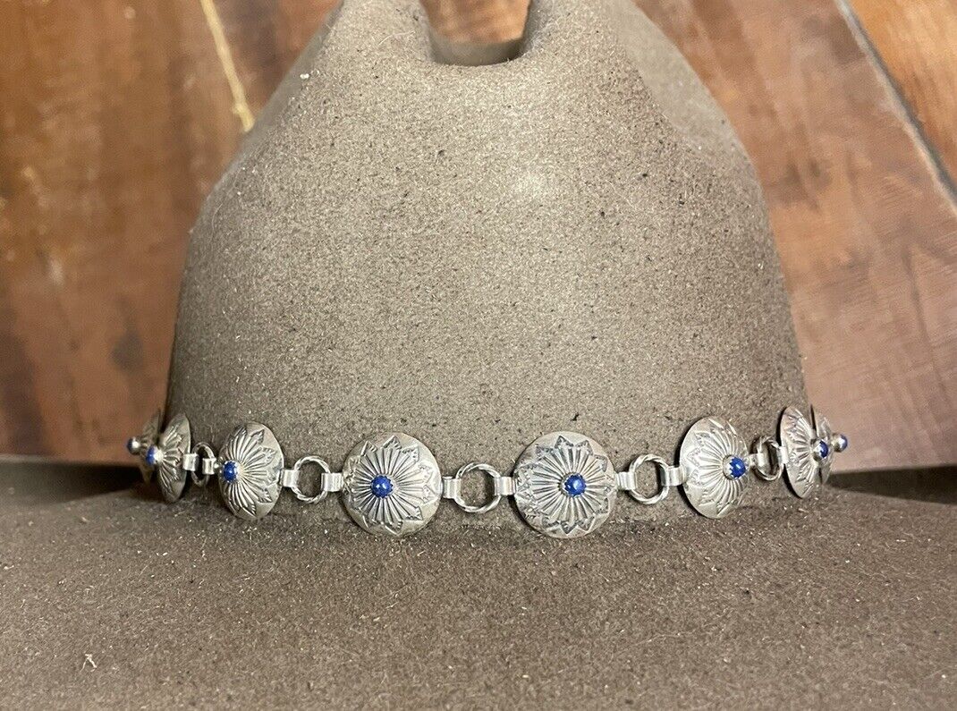 BRAIDED VINTAGE NAVAJO STERLING SILVER & LAPIS CONCHO BOLO HATBAND HAT