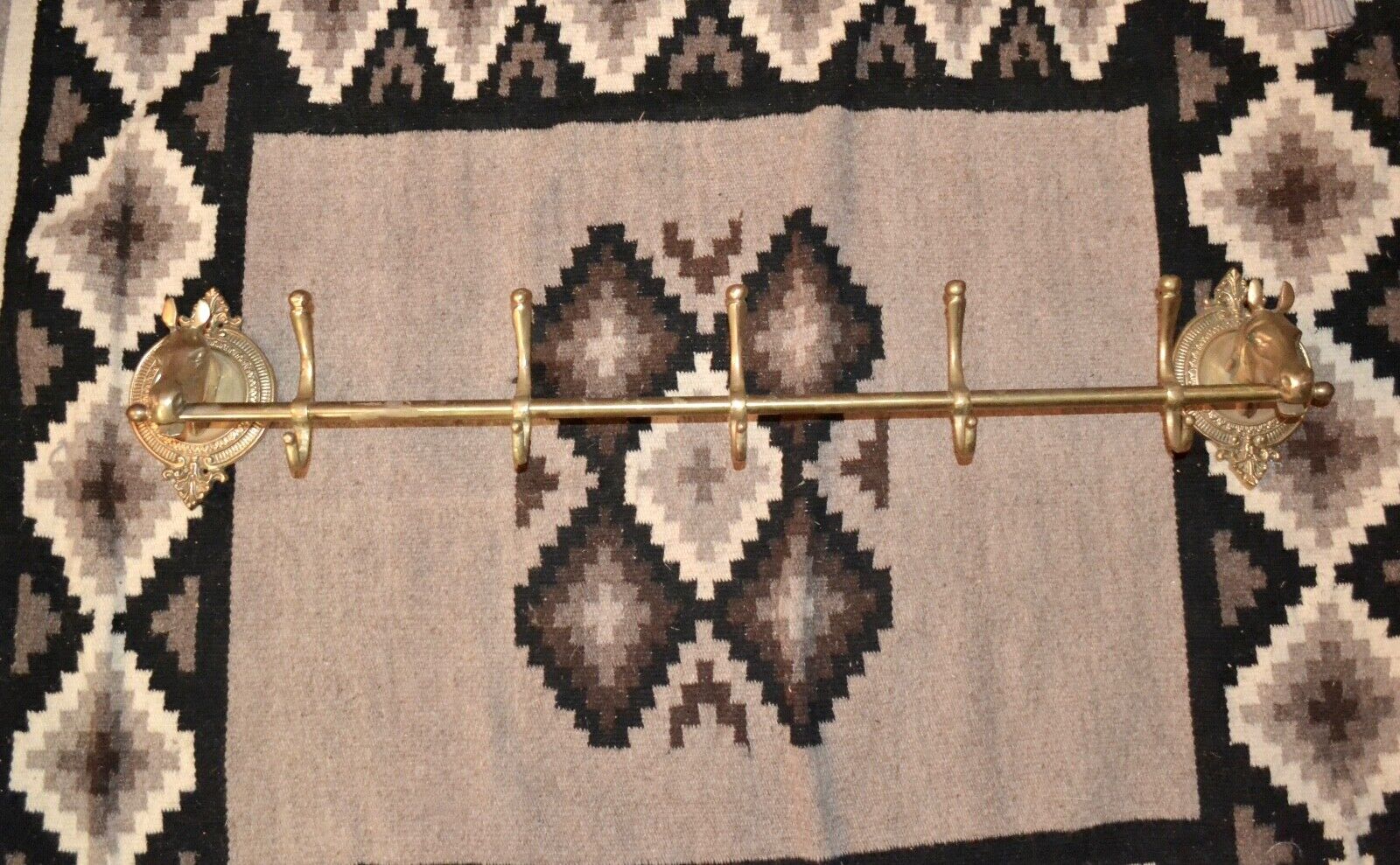 Vintage Mid Century Brass Horse Head Wall Coat/Hat Rack Equestrian 5 Hook - 39”