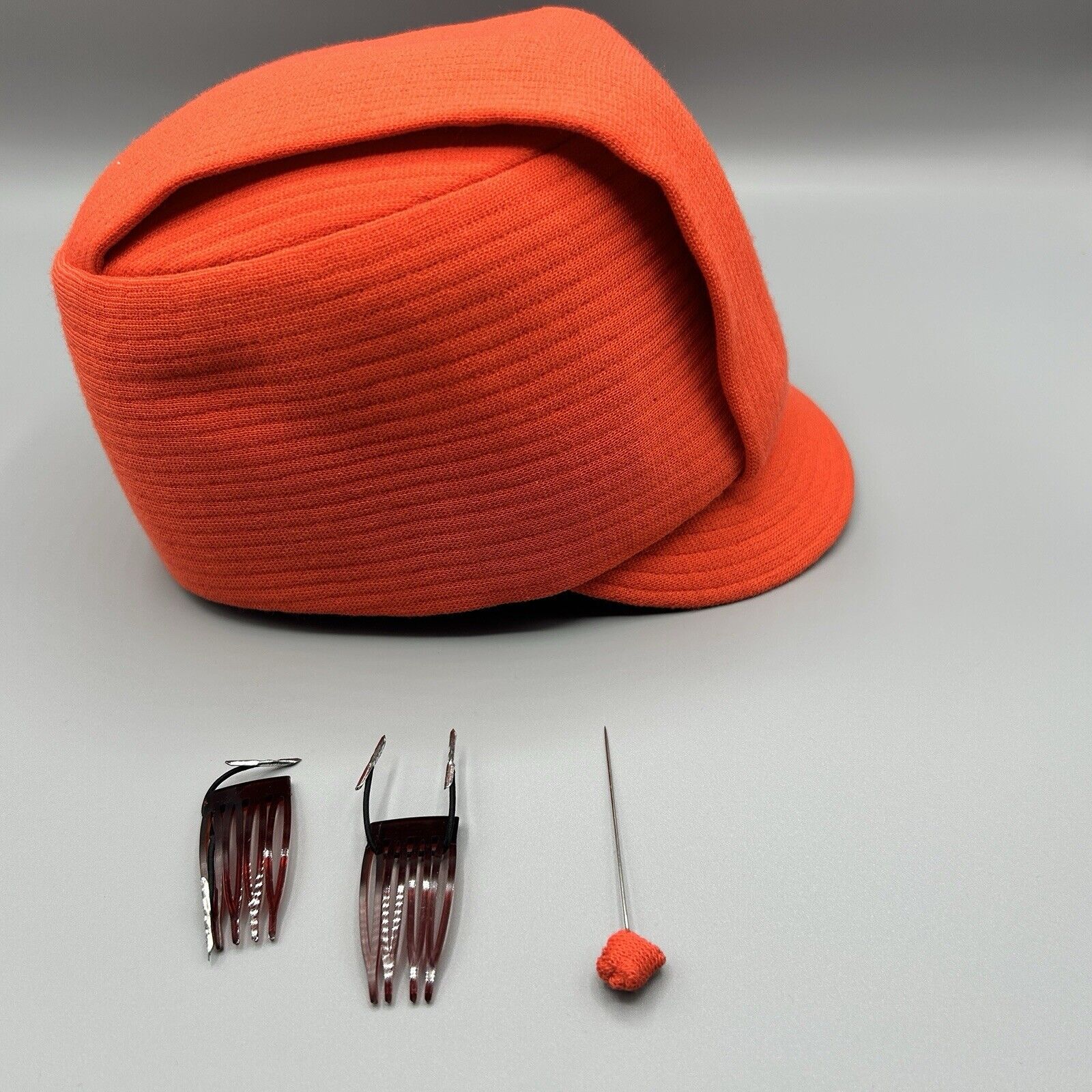 VTG ‘68 Mae Hanauer Jean Louis Orange Stewardess Flight Attendant Kepi Hat Sz 20