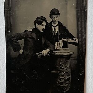 Antique Tintype Photograph Handsome Young Men Soldiers Uniform Kepi Hat Drinking