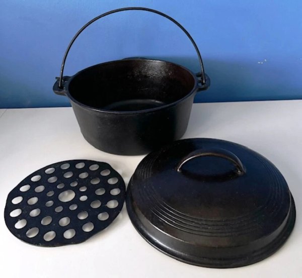VTG RARE WAGNER WARE SIDNEY O CAST IRON POT 1267 w/LID, BAIL HANDLE & DRIP TRAY