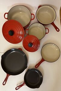 Vintage Le Cruiset Set Enameled Cast Iron FLAME Used
