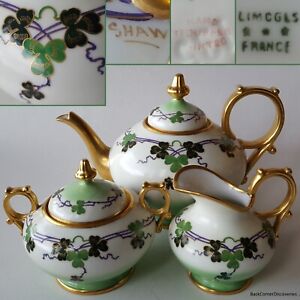 Antique Stouffer Limoges France SHAMROCKS Teapot +Creamer +Sugar. Artist Signed