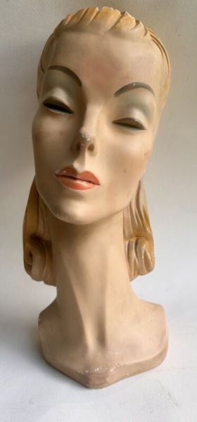 Vintage Chalk Millinery Mannequin Head Bust Hat Store Display Stand Art Deco 15"