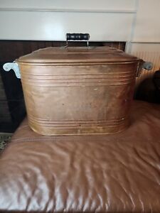 Vintage Copper Boiler w/Lid Wash Tub Pot with Wood Handles With Canning Grate