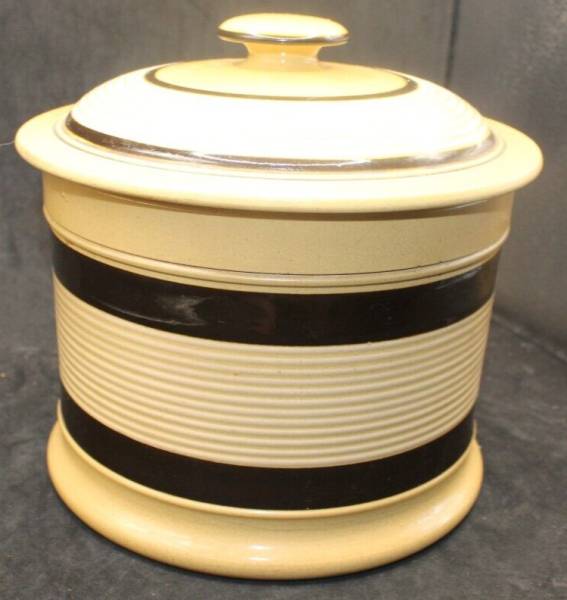 ANTIQUE 1800'S YELLOWARE BANDED CROCK canister w/ LID 6 1/2 X 7 YELLOWWARE #9