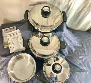 Vintage 7 Pc Lustrecraft Cookware USA Made UNUSED Electric Skillet 3 Pans & Lids