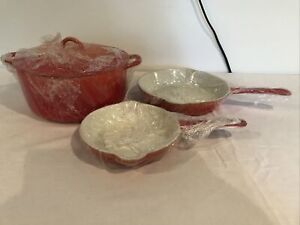 Vintage New Descoware Enamel Orange Cast Iron Dutch Oven & 2 Pan Set Belgium