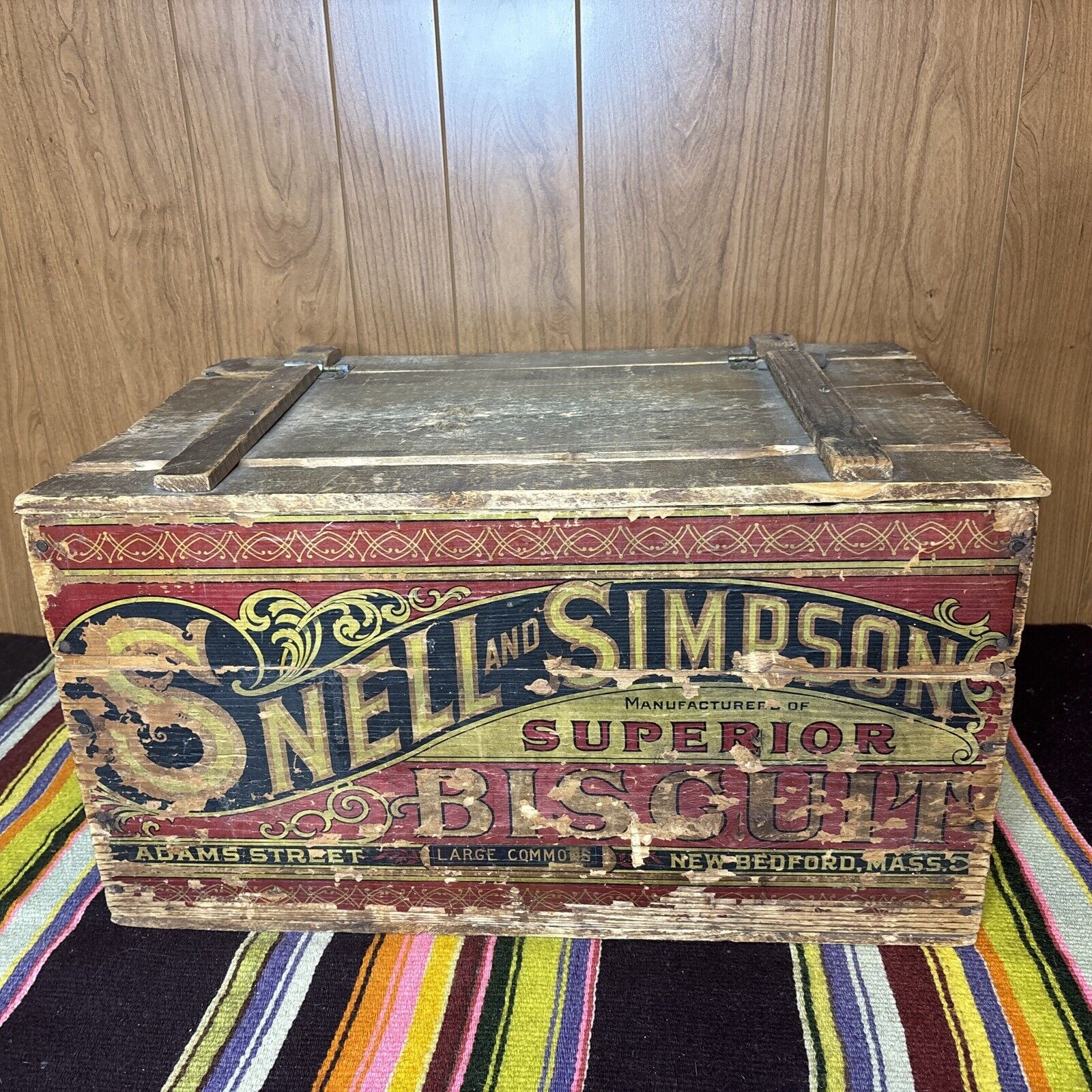SNELL & SIMPSON BISCUITS NEW BEDFORD MA LT 19TH C PAPER LBLD WD BOX CRATE, W/LID