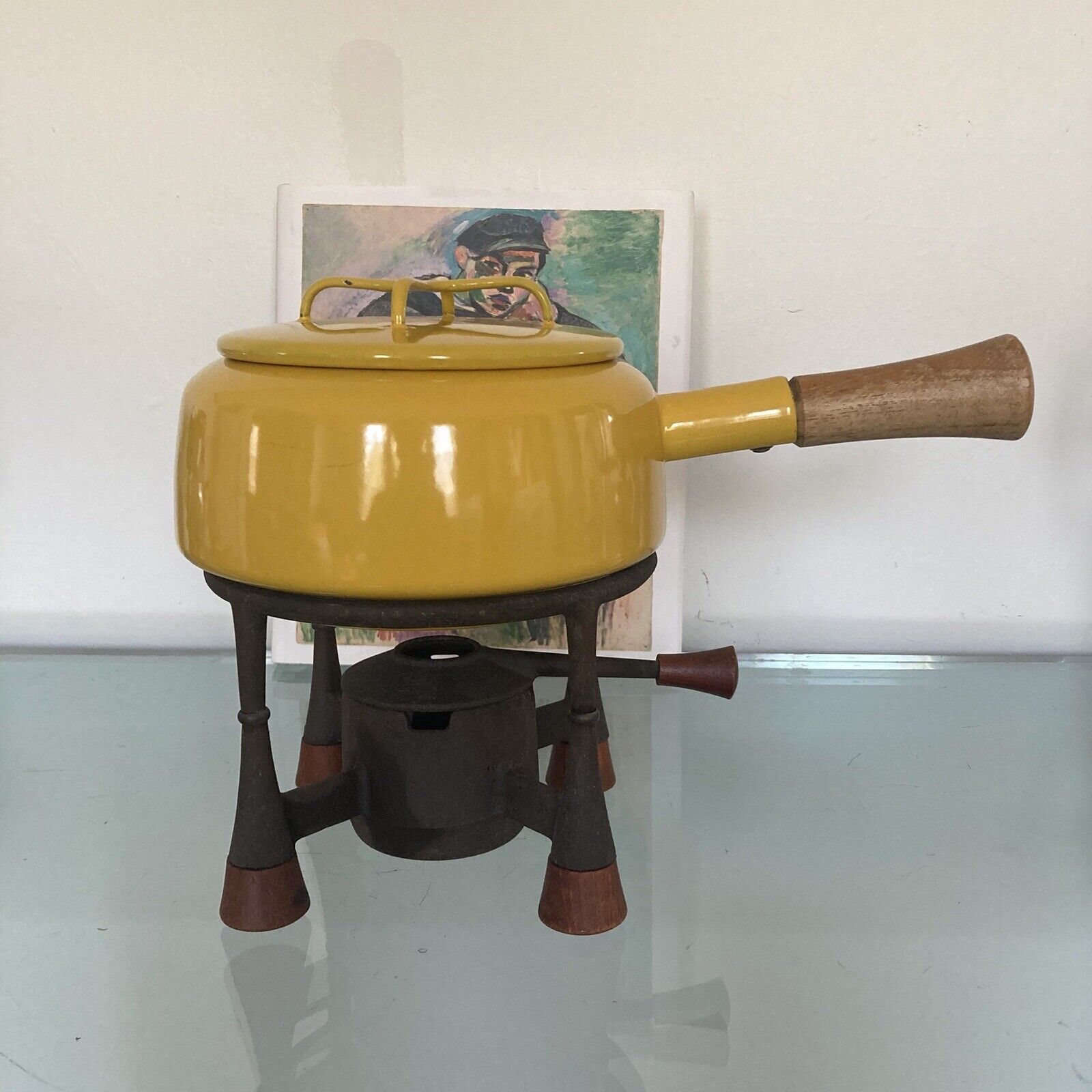 Vintage DANSK Kobenstyle Yellow Enamel Fondue Pot with Stand and Lid MCM