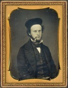 MAN IN UNUSUAL HAT SMOKING A PIPE DAGUERREOTYPE