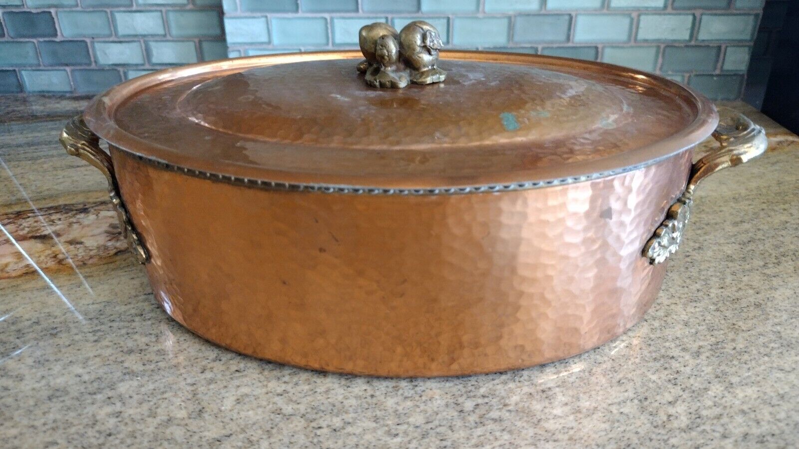Vintage Italian Hammered Copper Casserole with Brass Handles and Decorative Knob