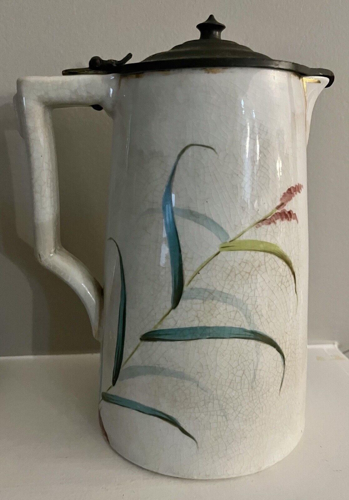 Antique Knowles Taylor Knowles Hand Painted Pitcher Coffee Pot Pewter Lid ~8”