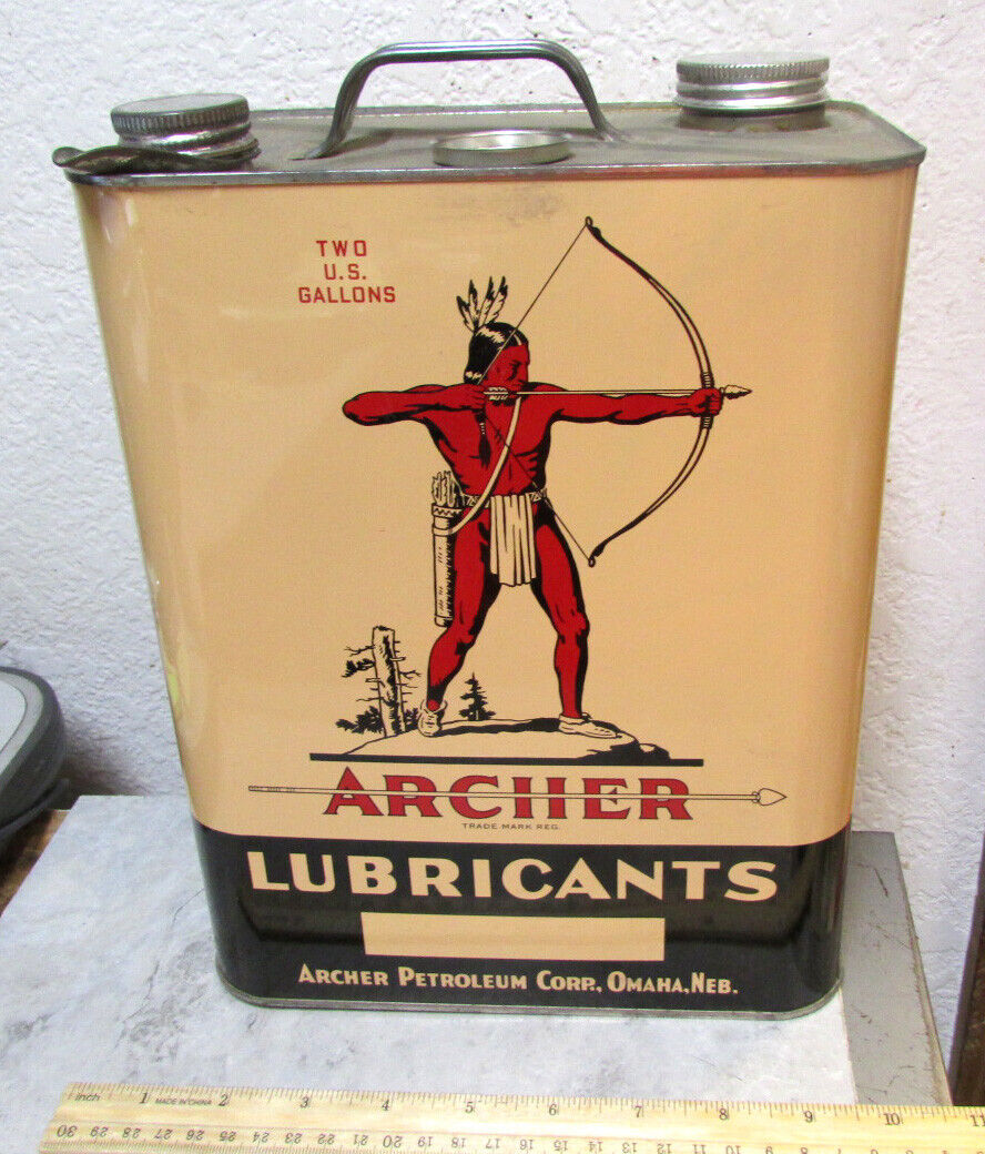 Unused Vintage Archer Oil / Lubricants 2 gallon tin NEW! w/ lids, spout, EMPTY