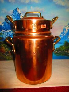 Vintage English Helvetia Copperware Lidded Double Boiler with Brass Handles 3 Pc