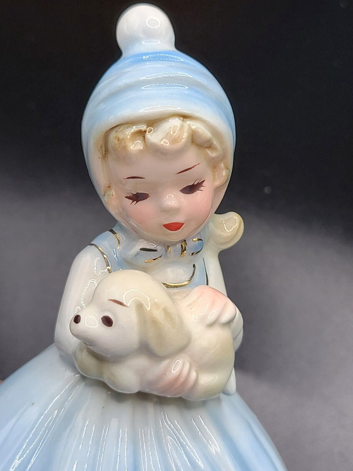 Vtg Josef Originals Little Girl Holding Puppy Blue Dress Hat Signed w Sticker 5"