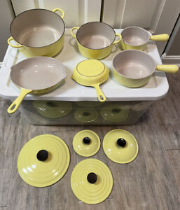 Vintage Le Creuset France Yellow Cast Iron Enamel Cooking Set 10 Pc Ribbed HTF