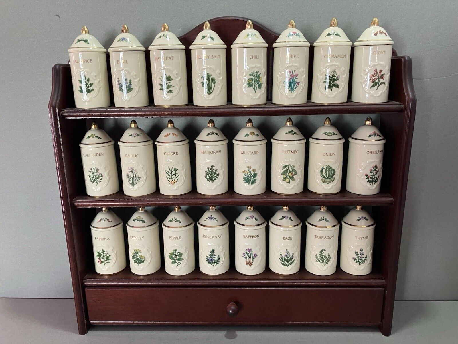 FLAW- 1992 Lenox Spice Garden Spice Jars Lids Rack Porcelain 24 Vintage