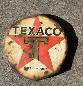 RARE Vintage TEXACO sign round unusual lid man cave rusty weathered COOL!