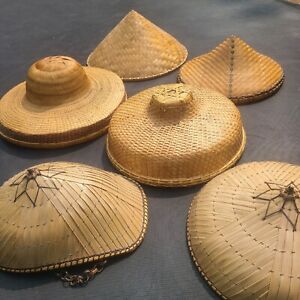 Set of 6 Vintage Conical Hat Asian Coolie Straw Bamboo Traditional Woven Hats