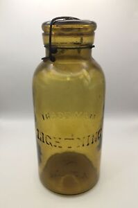 New ListingVintage Putnam 102 Lightning Glass Fruit Canning Jar 10” Yellow/Amber With Lid