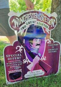 LARGE VINTAGE WINCHESTER AND STETSON HAT GUNS AMMO PORCELAIN METAL SIGN