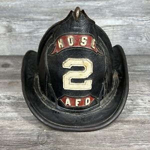 Vintage Cairns Black Leather Fire Helmet Firemans Hat Hose 2 AFD Brass Eagle