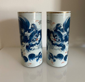 Antique Vintage Chinese Porcelain Hat Stand Vase Foo Dog Lion Blue & White Pair