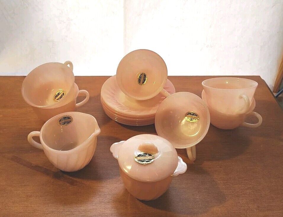 Vintage Fire King Pink Swirl Sugar Creamer Cup And Saucer Set Excellent