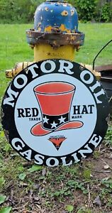 Vintage Red Hat gasoline motor oil 18" gas advertising porcelain sign