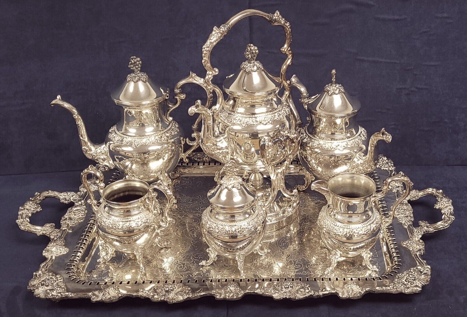 Birmingham Silver Co. Silver Plate 7 Piece Coffee Tea Set & Serving Tray Vintage