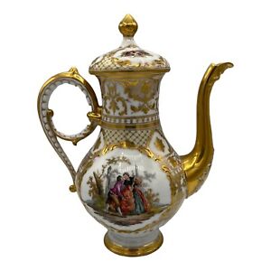 Antique Ohme Dresden Germany Hand Painted Figural Spout Tea Coffee Pot Watteau