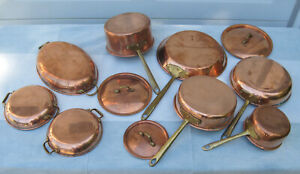 Vintage 11 Piece Copral Copper Pots Pans Lids Tin/Nickel lined Brass Portugal