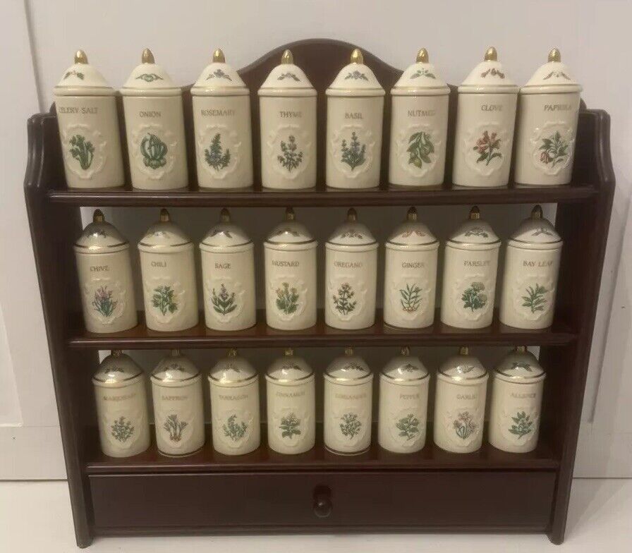 Lenox Spice Garden Spice Jars Lids Rack Porcelain 24, W/ Rack 1992 Vtg Read