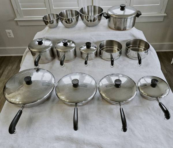 21 PC VINTAGE REVERE WARE STAINLESS STEEL COPPER CLAD POT PAN SET ALL SIZES LIDS