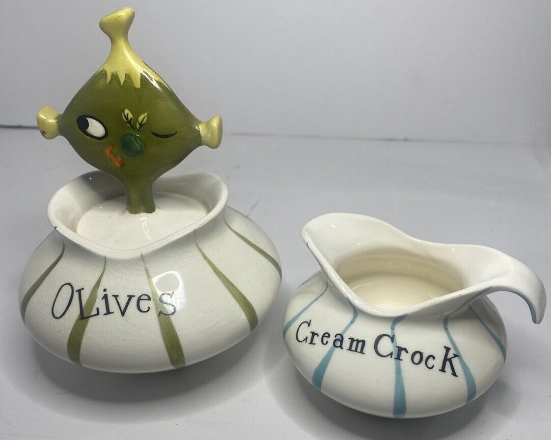 Vintage 1958 Ceramic Holt Howard Pixieware Cocktail Olives Jar W/Lid And Fork