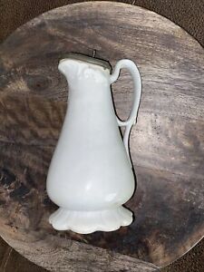 Rare 1800’s Antique White Ironstone Lidded Syrup Pitcher 7” Pewter Lid Scalloped