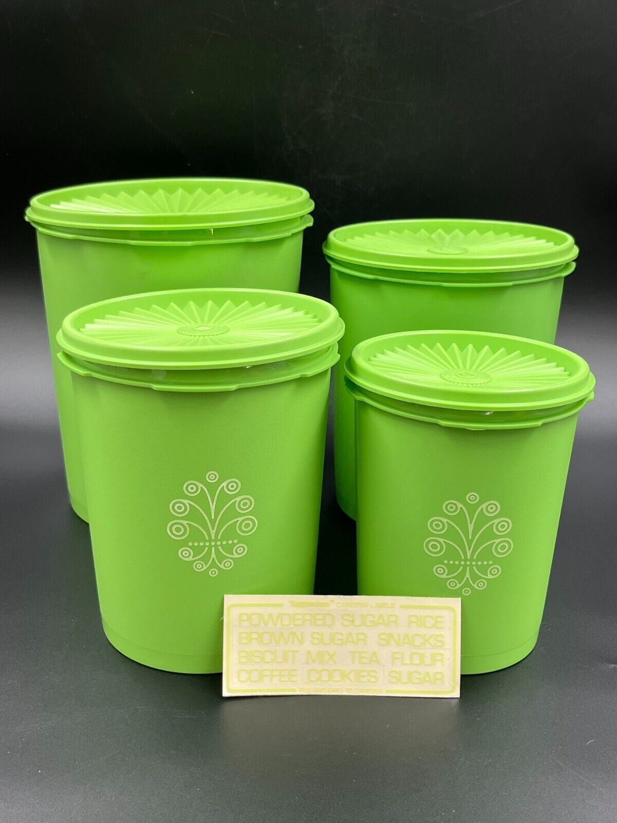 Set of 4 NEW Vintage Tupperware Apple Green Servalier Canisters W/Sunburst Lids