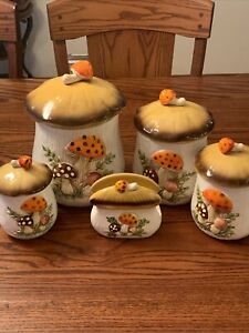 Vintage Sears Roebuck Merry Mushroom Canister Set 1975 Japan 5pc Two-Sided