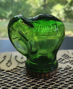 Vintage Jumbo Peanut Butter Green Glass Elephant Jar w/ Lid 3-1/2oz Bank