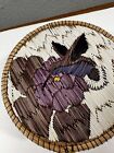 Vtg Porcupine Quill, Birchwood round Lid Basket humming bird & purple flower