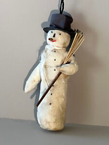 Antique Spun Cotton Batting SNOWMAN w Broom & Hat German 4+" Christmas Ornament