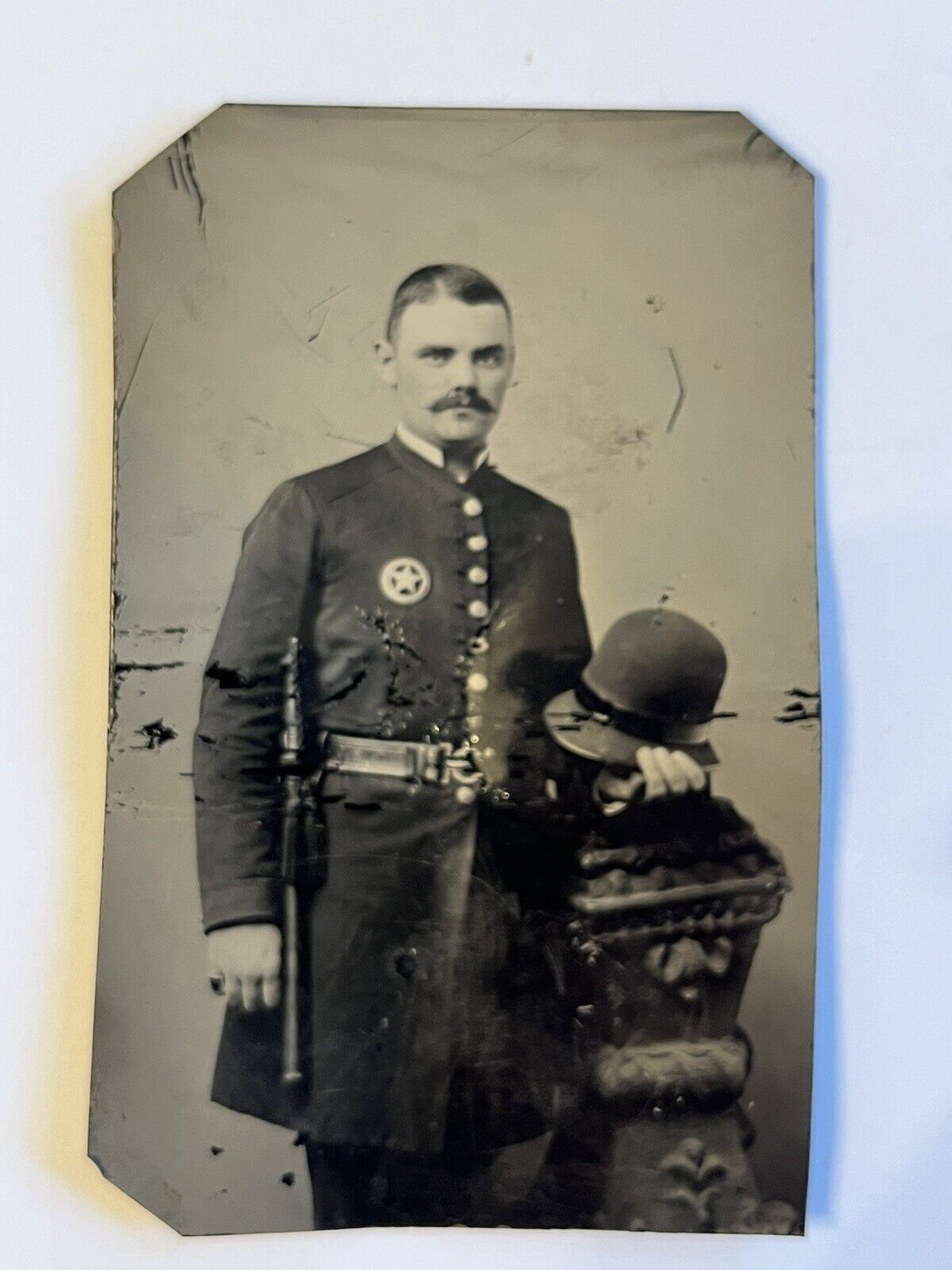 COOL XX RARE 1800s TINTYPE of POLICEMAN in UNIFORM BADGE HAT COAT BILLYCLUB LQQK