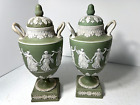 RARE ~ 19th CENTURY~ WEDGWOOD GREEN "DANCING HOURS" URNS #1202 - PAIR - ONE A/F